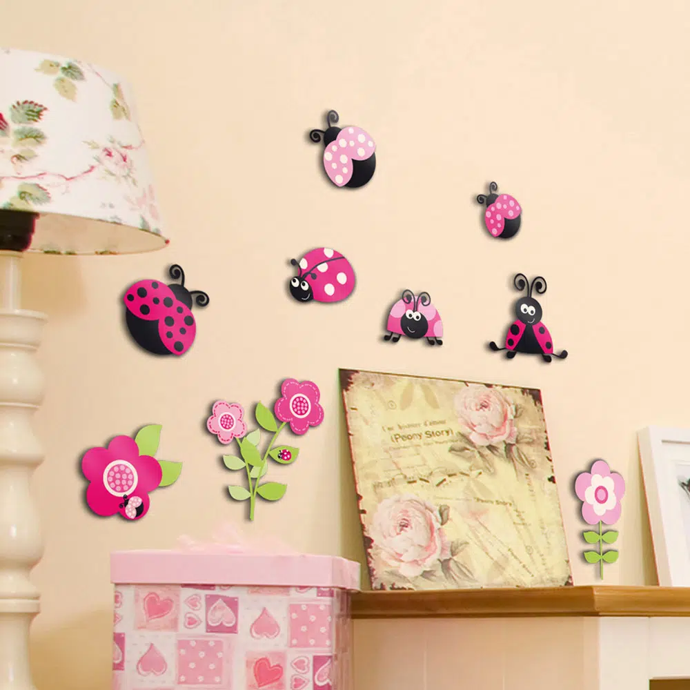 Pink Ladybugs παιδικά διακοσμητικά αυτοκόλλητα τοίχου τριών επιπέδων