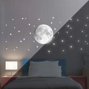 Moon φωσφορίζοντα αυτοκόλλητα τοίχου L με φεγγάρι και αστέρια σε παιδικό δωμάτιο